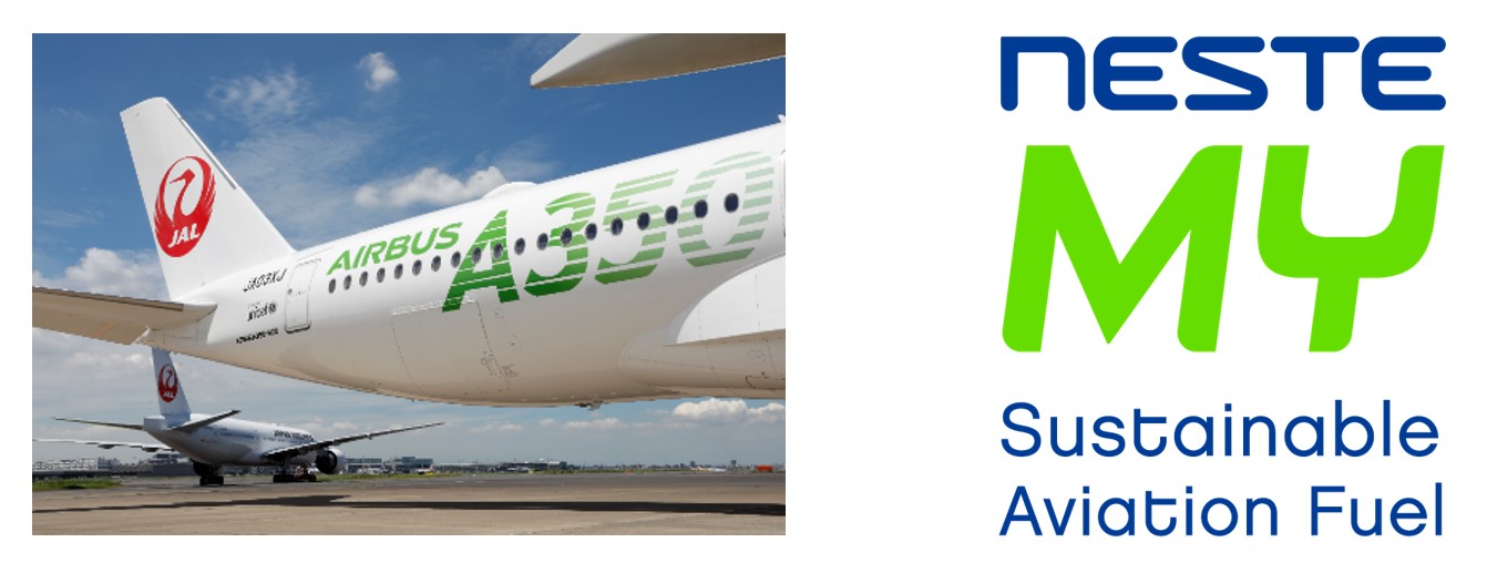 写真：日本航空の機体とNeste MY Sustainable Aviation Fuelのロゴ