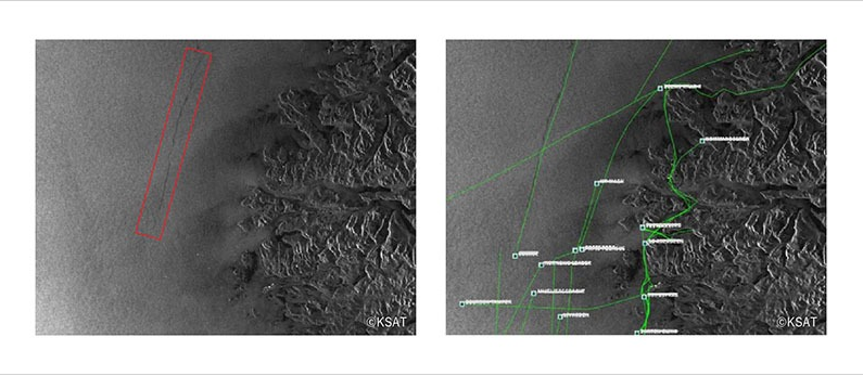 写真：オイル漏れの衛星画像、AIS衛星画像