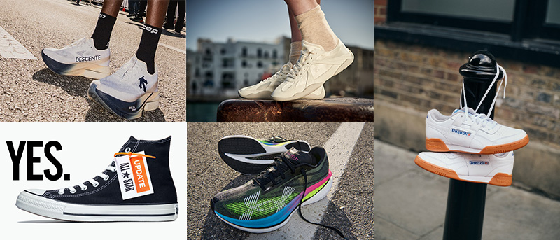 写真：デサントの店舗、フィラ、コンバース、リーボックのシューズ、アンダーアーマーのウエア