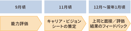人材アセスメント制度の流れは、毎年9月頃能力評価を実施し、11月頃にキャリア・ビジョンシートを作成、12月~翌年1月頃に上司と面談し、結果のフィードバックを受ける流れとなっている。