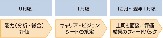 人材アセスメント制度の流れは、毎年9月頃能力評価を実施し、11月頃にキャリア・ビジョンシートを作成、12月~翌年1月頃に上司と面談し、結果のフィードバックを受ける流れとなっている。