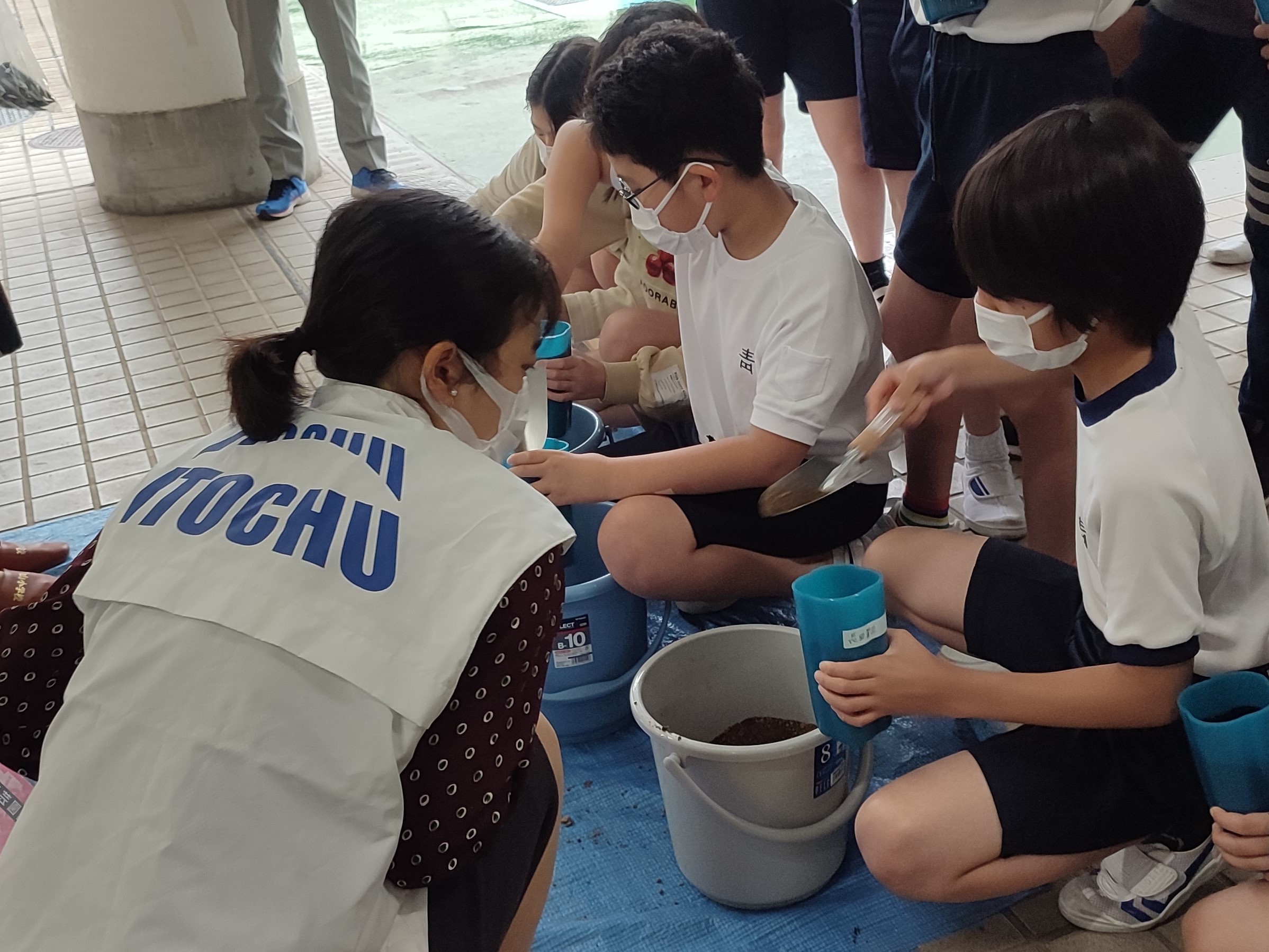 写真：苗植えをする小学生