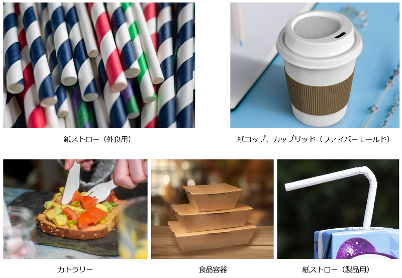 写真：外食用紙ストロー、紙コップ、カップリッド、カトラリー、食品容器、製品用紙ストロー